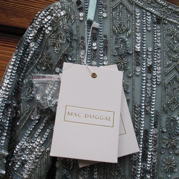 Mac Duggal 5980 Blue High Neck Short Sleeve Crystal Fringe Column Dress - Picture 14 of 15